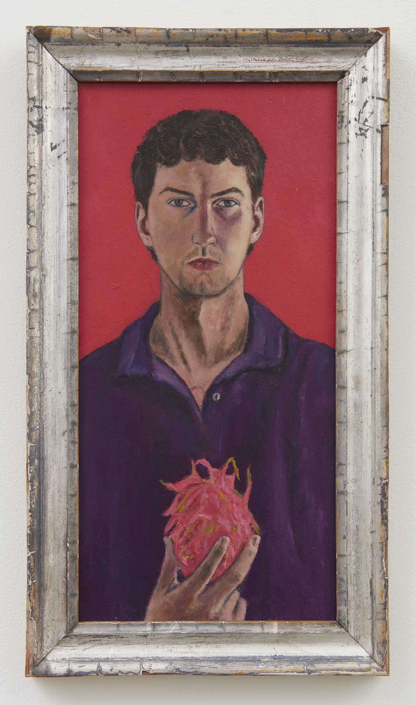 Max Jahn, Self with dragon fruit, 2025. Oil on copper in artist's frame, 18 3/8 x 10 3/8 x 1 1/8 in (46.7 x 26.5 x 3 cm)
